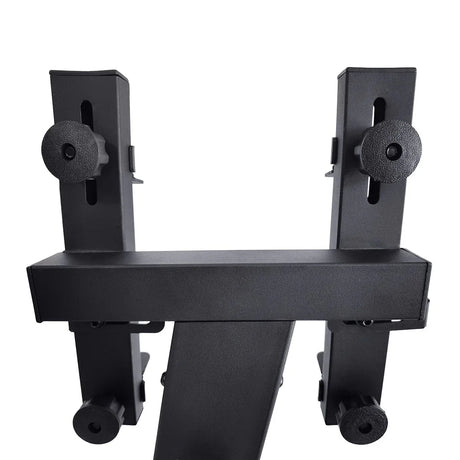 Black adjustable metal bracket with knobs against white background
