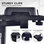 Close-up of sturdy clips on dumbbell rack with variable size, adjustment dial, and thick steel grips