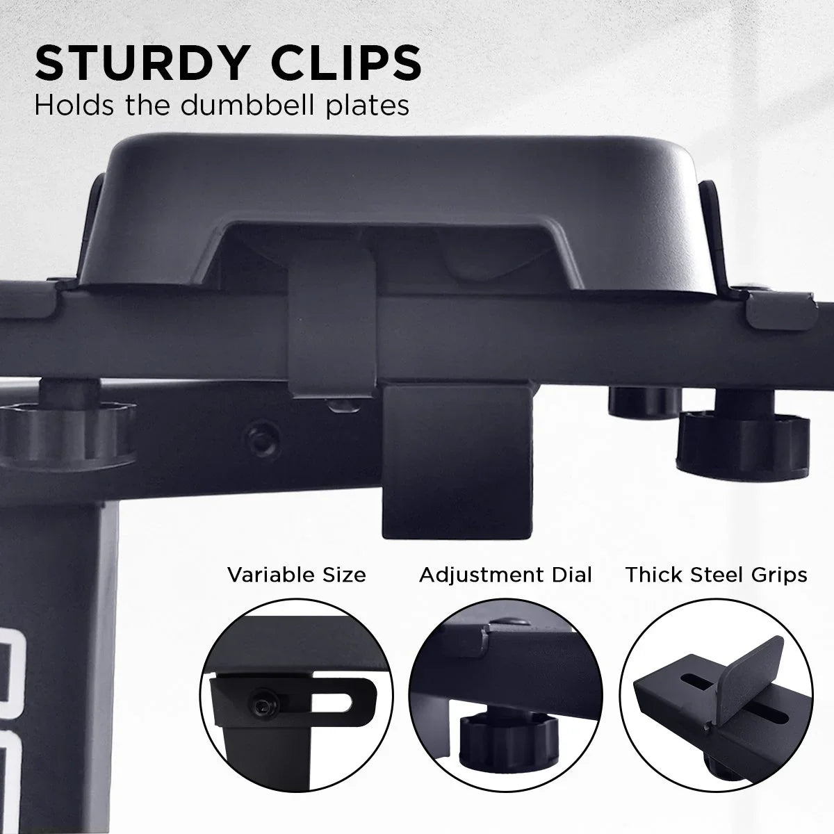 Close-up of sturdy clips on dumbbell rack with variable size, adjustment dial, and thick steel grips