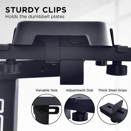Close-up of sturdy clips on dumbbell rack with variable size, adjustment dial, and thick steel grips