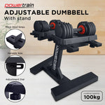 Powertrain adjustable dumbbells on a black stand with thick steel grips, adjustment dial, and 100kg capacity