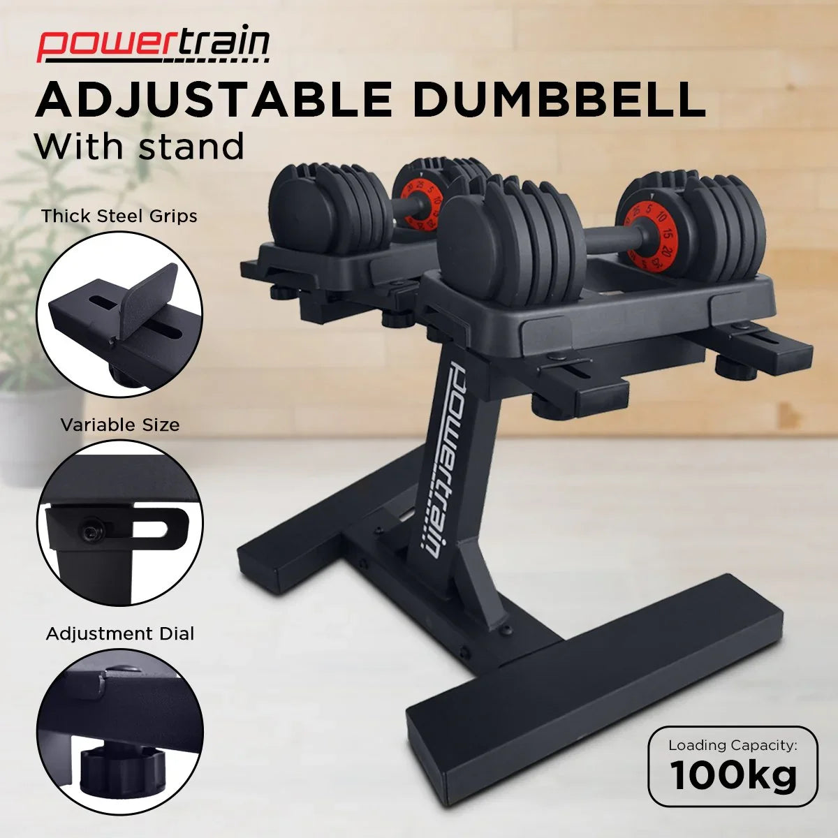 Powertrain adjustable dumbbells on a black stand with thick steel grips, adjustment dial, and 100kg capacity