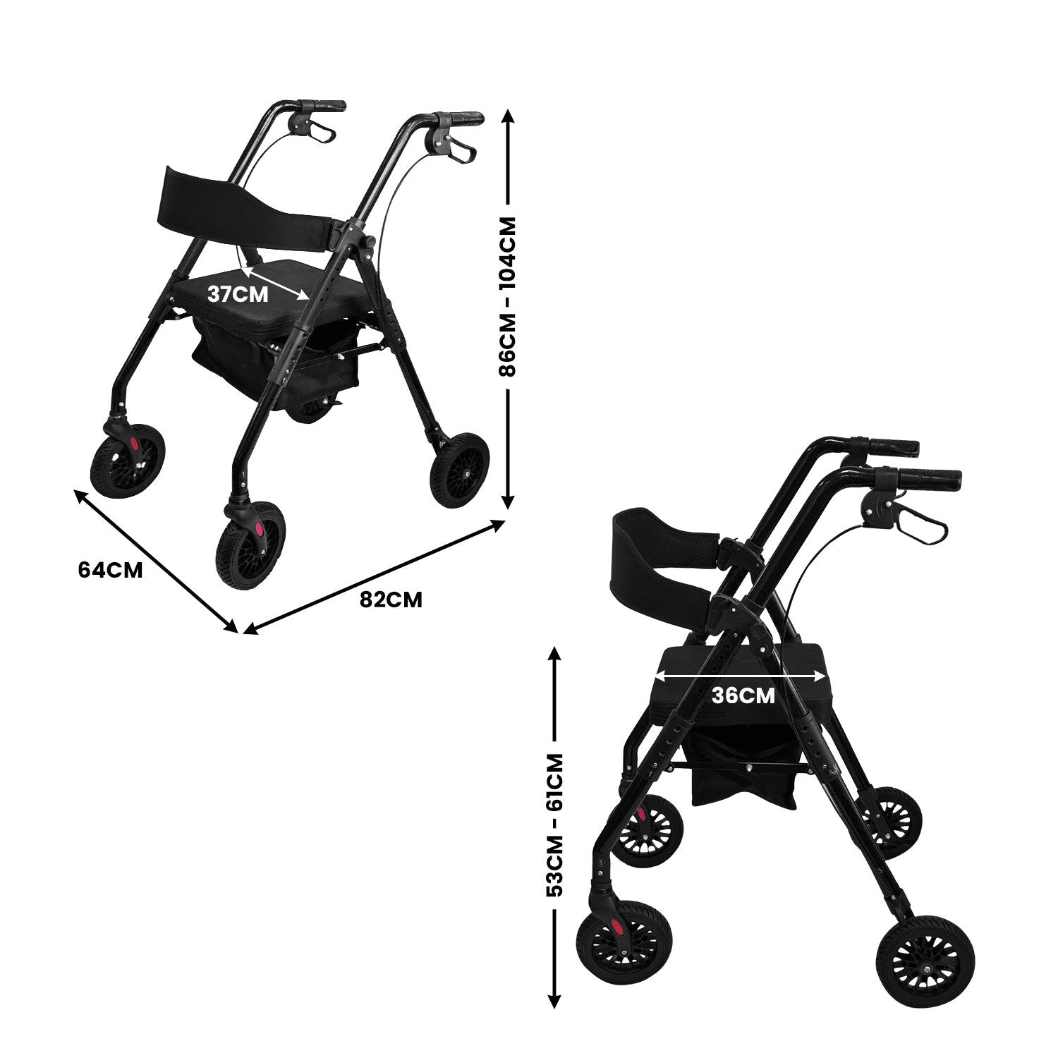 Rollator Walker Foldable Steel 136kg Capacity Black