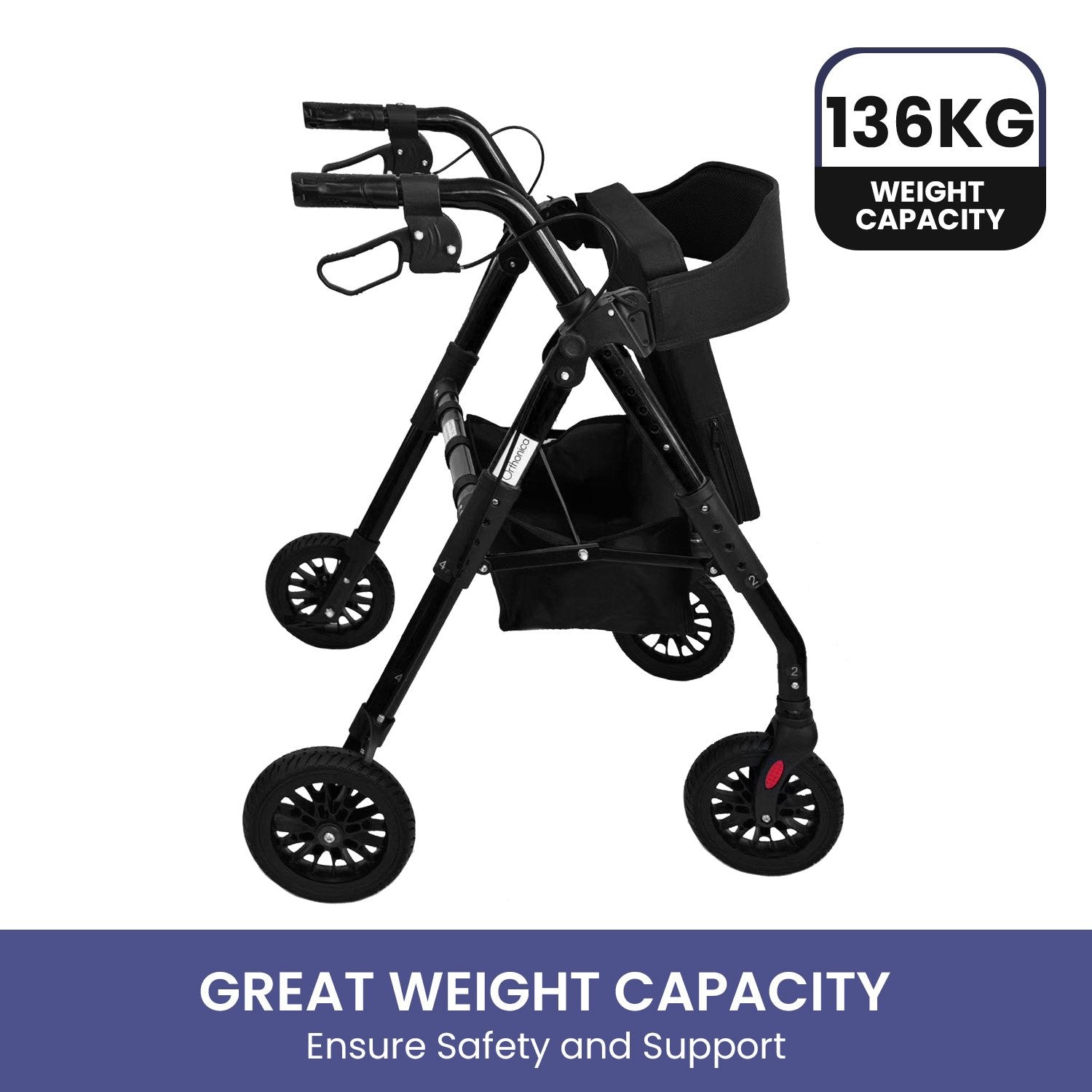 Rollator Walker Foldable Steel 136kg Capacity Black