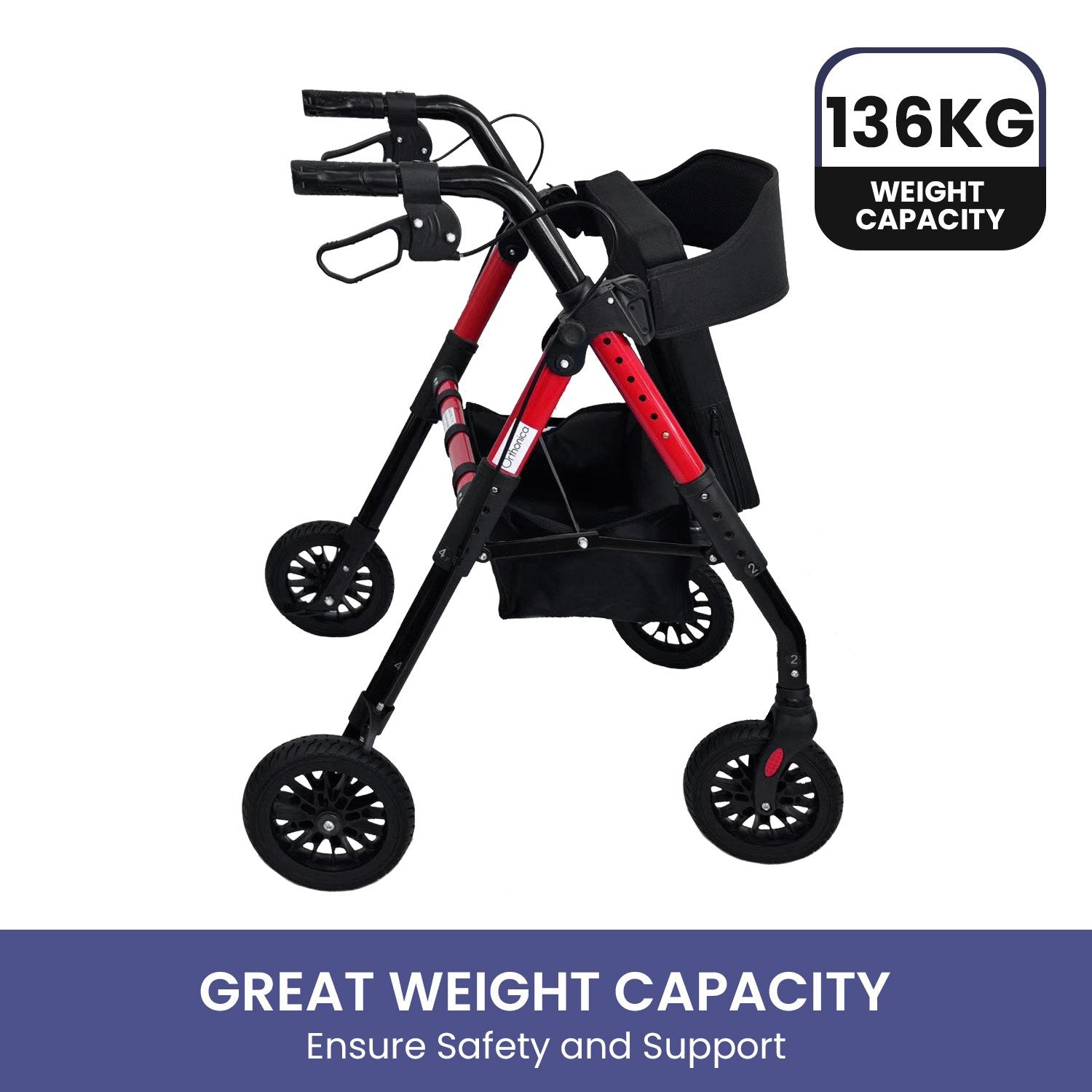 Rollator Walker Foldable Steel 136kg Capacity Red