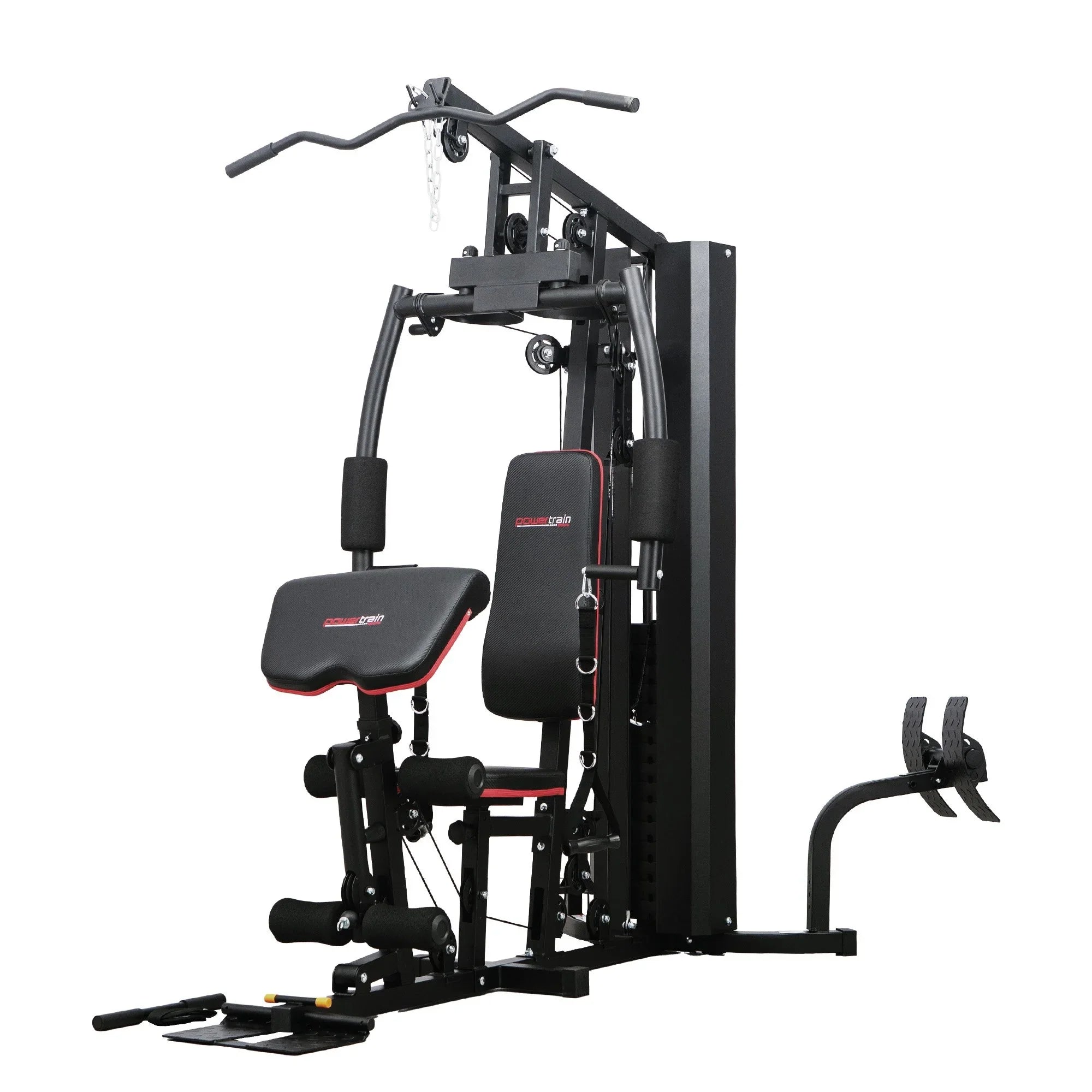 Multi-function home gym workout station with bench and weight stack, black and red design