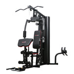 Multi-function home gym workout station with bench and weight stack, black and red design