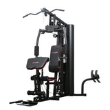 Multi-function home gym workout station with bench and weight stack, black and red design