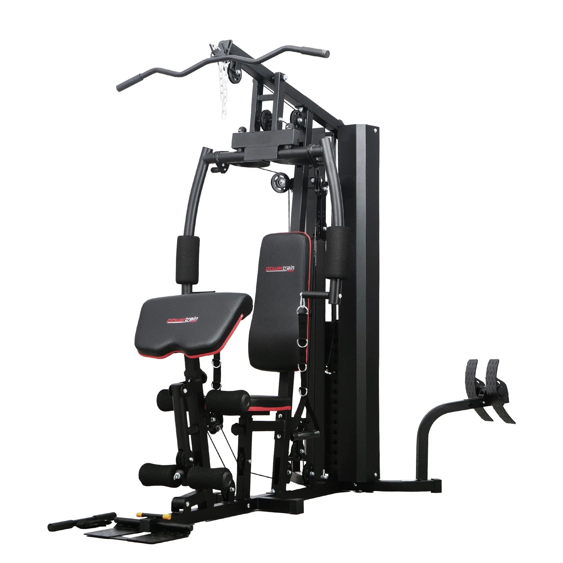Multi-function home gym workout station with bench and weight stack, black and red design