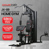 Powertrain JX-89 multifunction home gym with 68kg weight stack, adjustable leg press, ergonomic backrest.