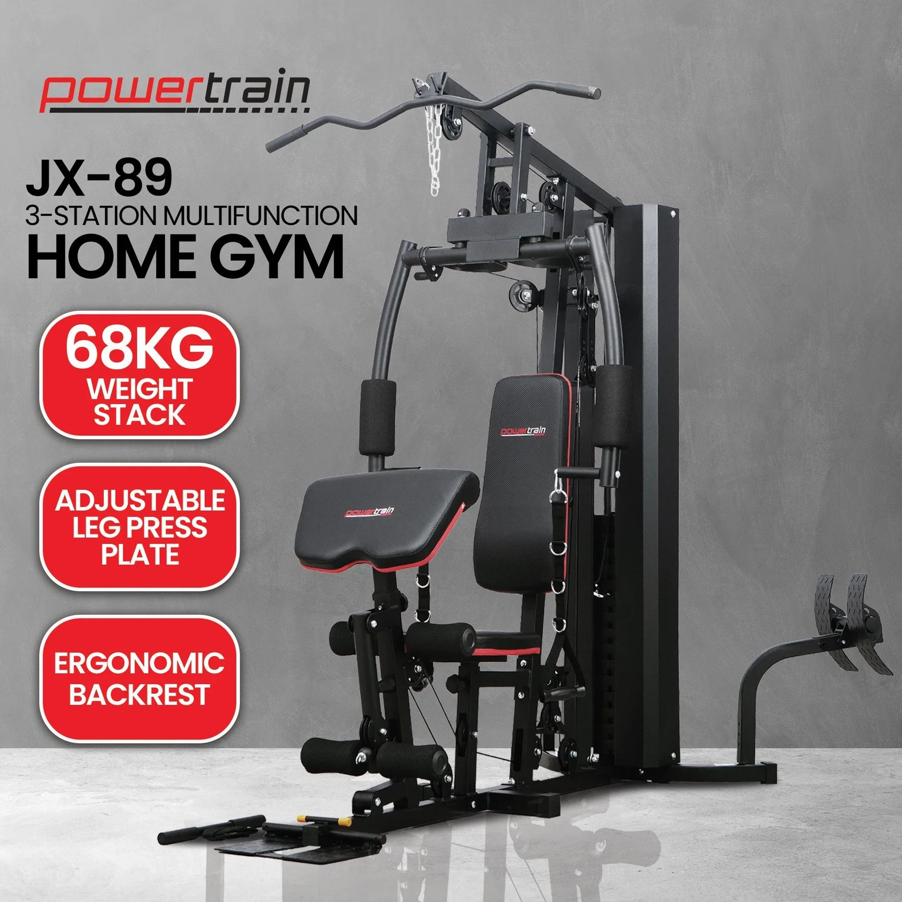 Powertrain JX-89 multifunction home gym with 68kg weight stack, adjustable leg press, ergonomic backrest.