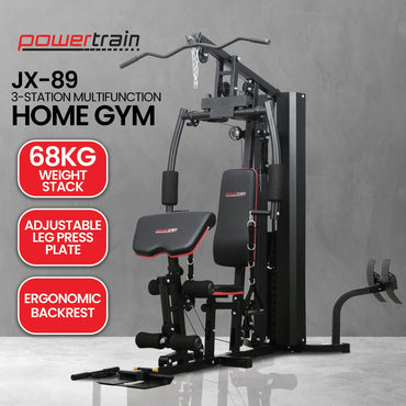 Powertrain JX-89 multifunction home gym with 68kg weight stack, adjustable leg press, ergonomic backrest.