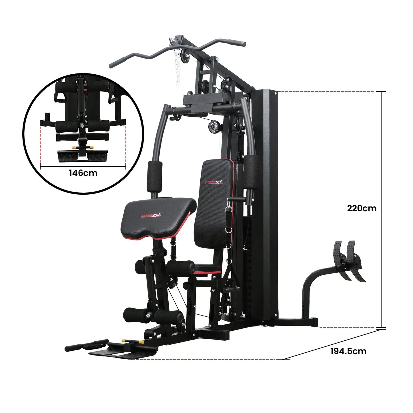 Multi-function home gym machine with black and red padding, measurements 220cm x 194.5cm x 146cm