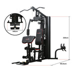 Multi-function home gym machine with black and red padding, measurements 220cm x 194.5cm x 146cm