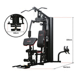 Multi-function home gym machine with black and red padding, measurements 220cm x 194.5cm x 146cm