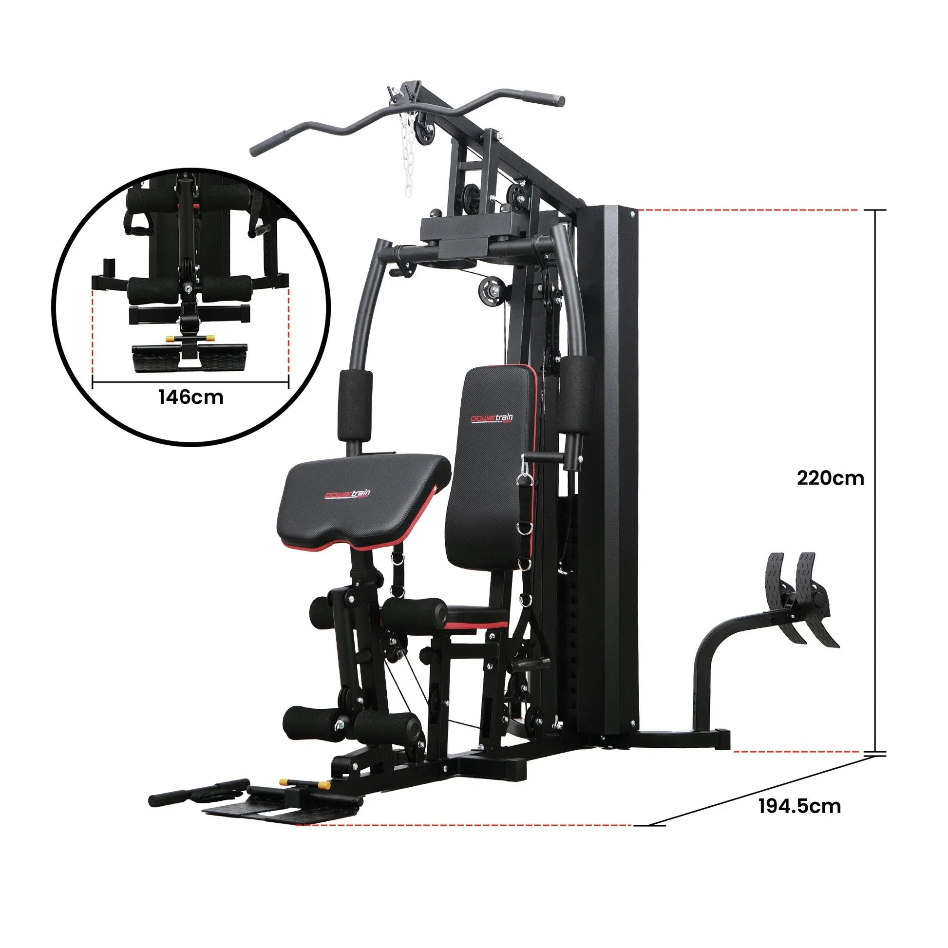 Multi-function home gym machine with black and red padding, measurements 220cm x 194.5cm x 146cm