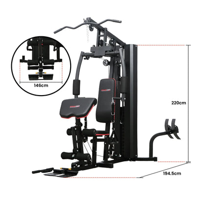 Multi-function home gym machine with black and red padding, measurements 220cm x 194.5cm x 146cm