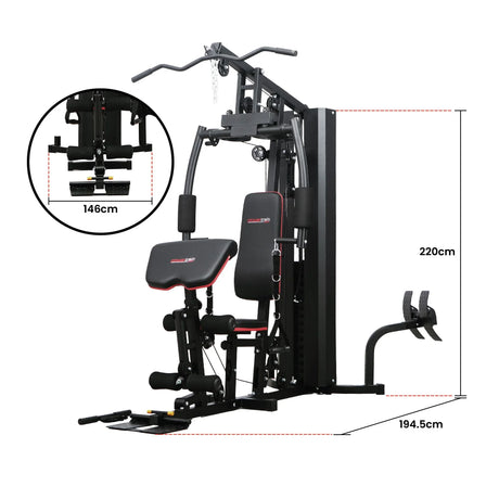Multi-function home gym machine with black and red padding, measurements 220cm x 194.5cm x 146cm