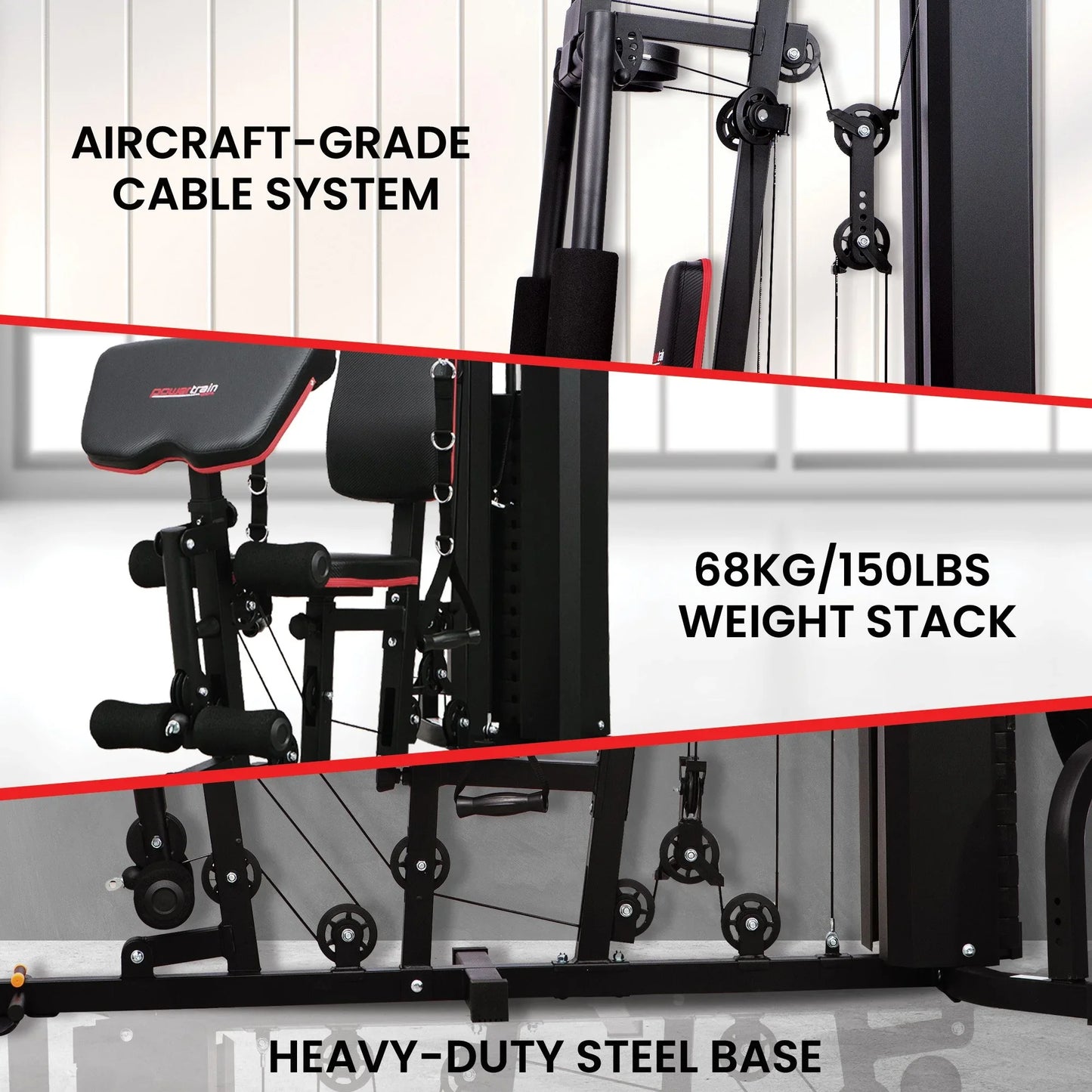 Home gym machine with aircraft-grade cable system, 68kg weight stack, heavy-duty steel base