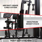 Home gym machine with aircraft-grade cable system, 68kg weight stack, heavy-duty steel base