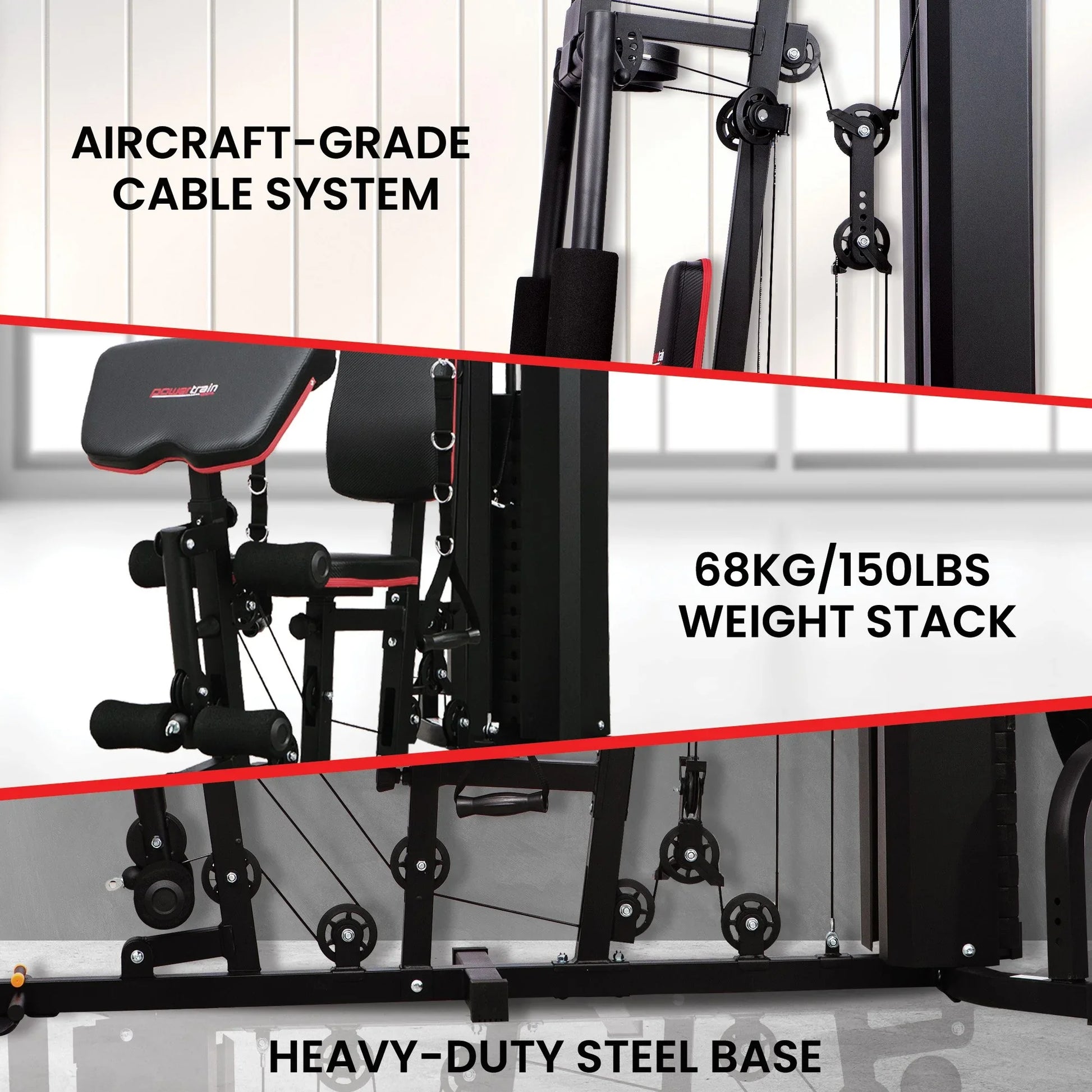 Home gym machine with aircraft-grade cable system, 68kg weight stack, heavy-duty steel base