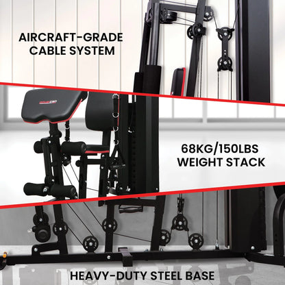 Home gym machine with aircraft-grade cable system, 68kg weight stack, heavy-duty steel base