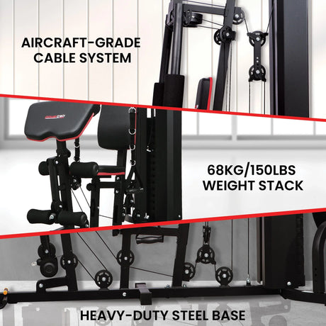 Home gym machine with aircraft-grade cable system, 68kg weight stack, heavy-duty steel base