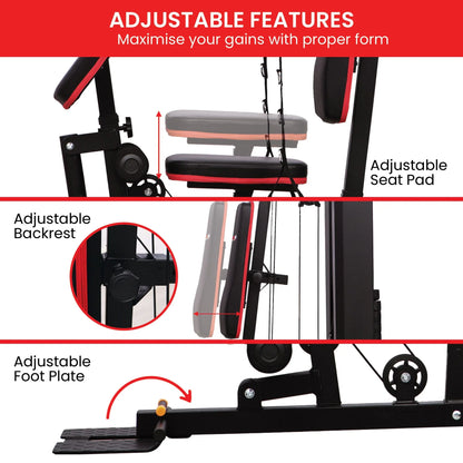 Adjustable gym bench with seat pad, backrest, and foot plate for home workout equipment