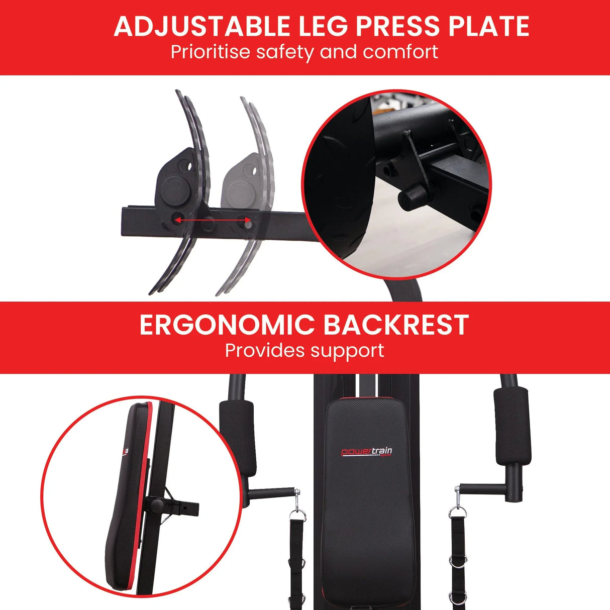Adjustable leg press plate and ergonomic backrest on PowerTrain home gym machine