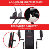 Adjustable leg press plate and ergonomic backrest on PowerTrain home gym machine
