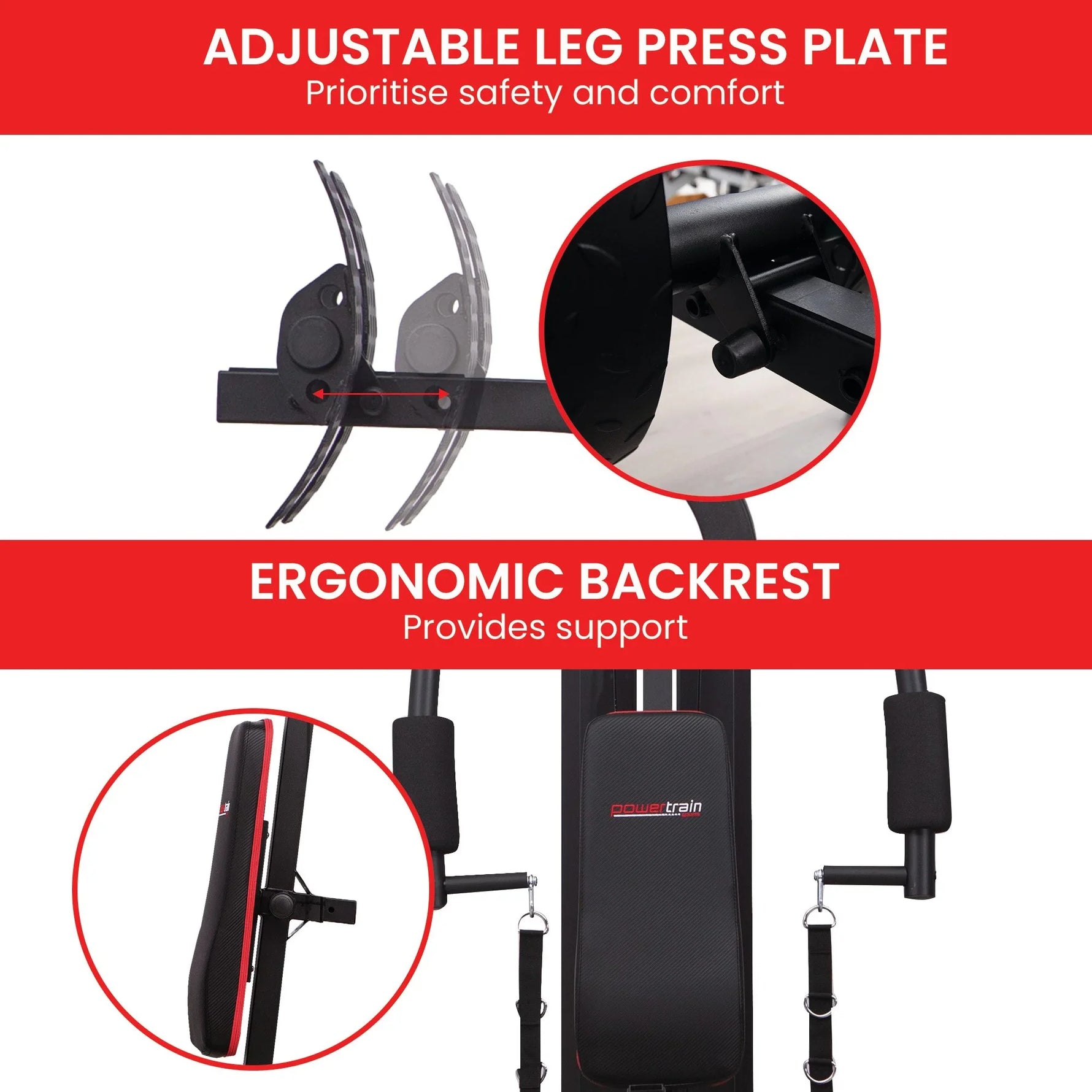 Adjustable leg press plate and ergonomic backrest on PowerTrain home gym machine