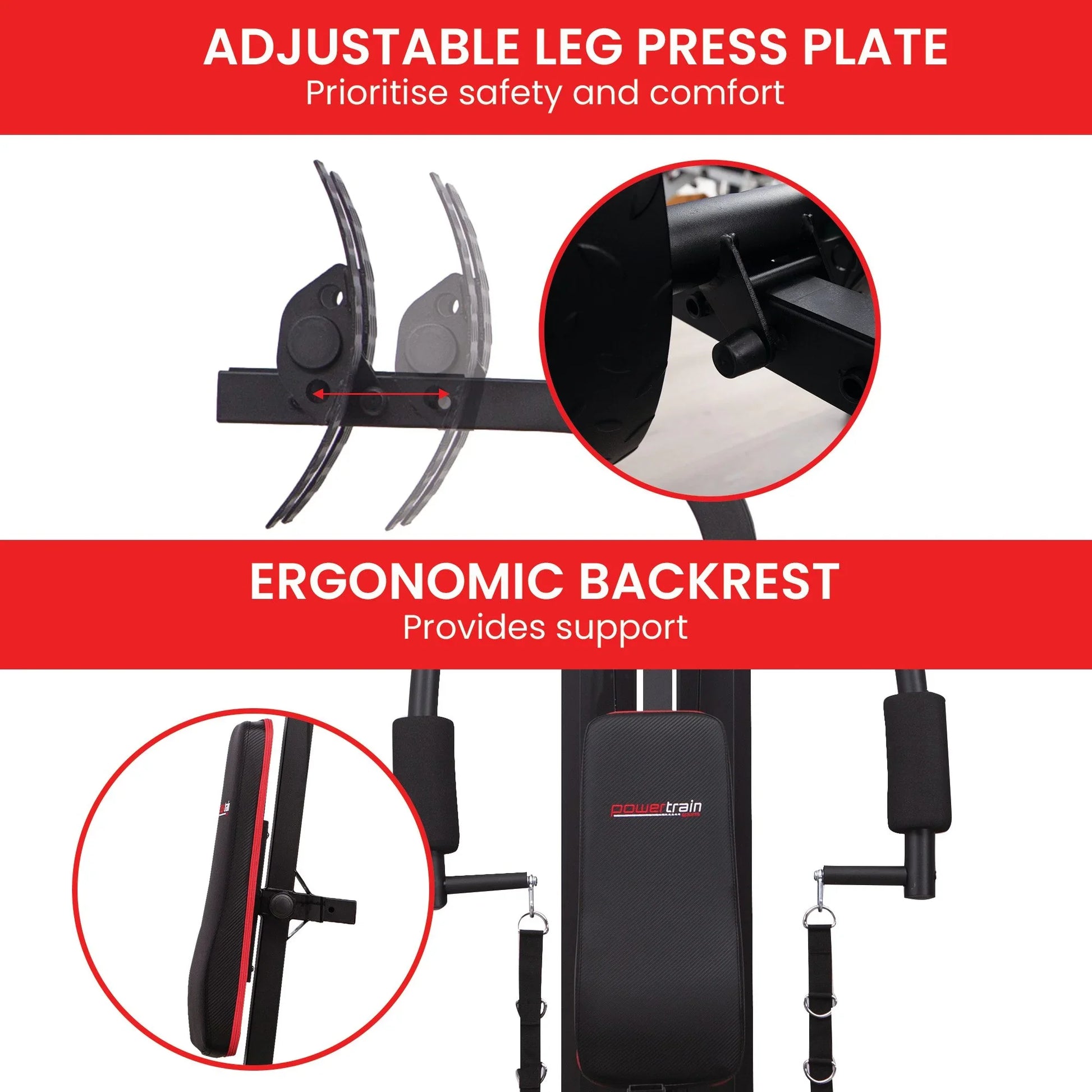 Adjustable leg press plate and ergonomic backrest on PowerTrain home gym machine