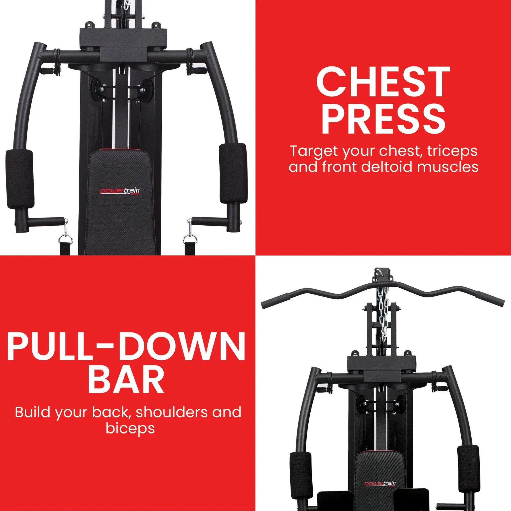 Powertrain home gym machine with chest press and pull-down bar for upper body workouts