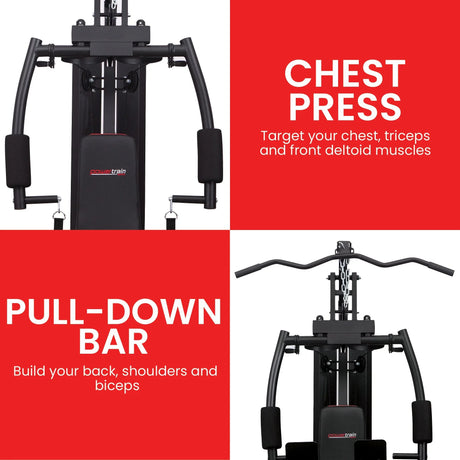 Powertrain home gym machine with chest press and pull-down bar for upper body workouts