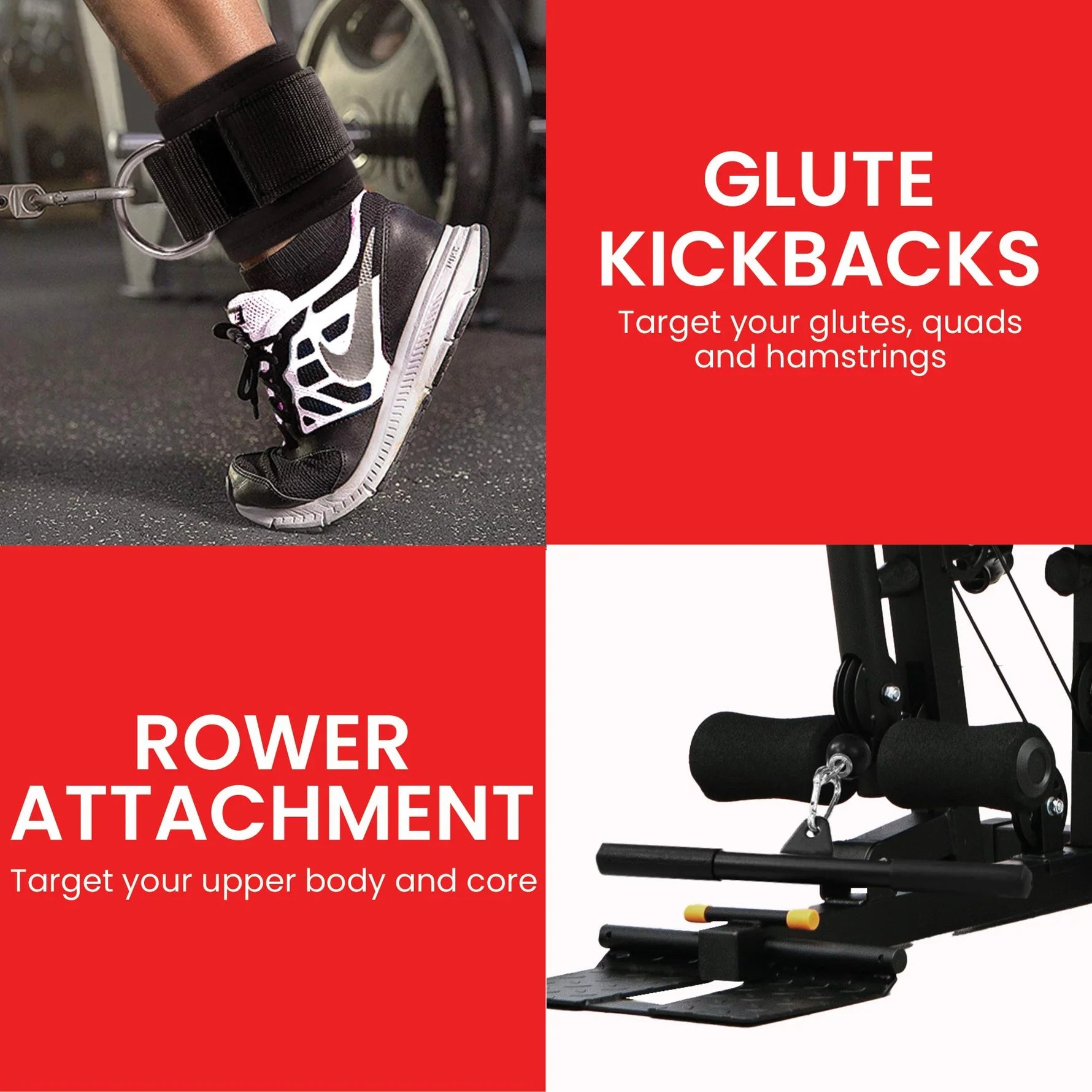 Glute kickbacks and rower attachment for home gym, targeting glutes, upper body, and core