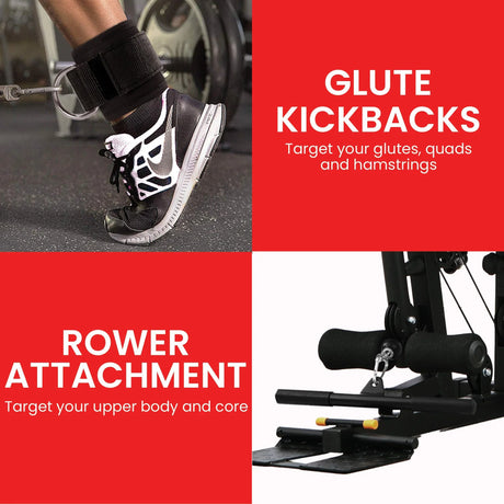 Glute kickbacks and rower attachment for home gym, targeting glutes, upper body, and core