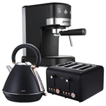 Pronti Breakfast Set - Rose Gold Kettle, Toaster & 1.2L Espresso Machine - Black