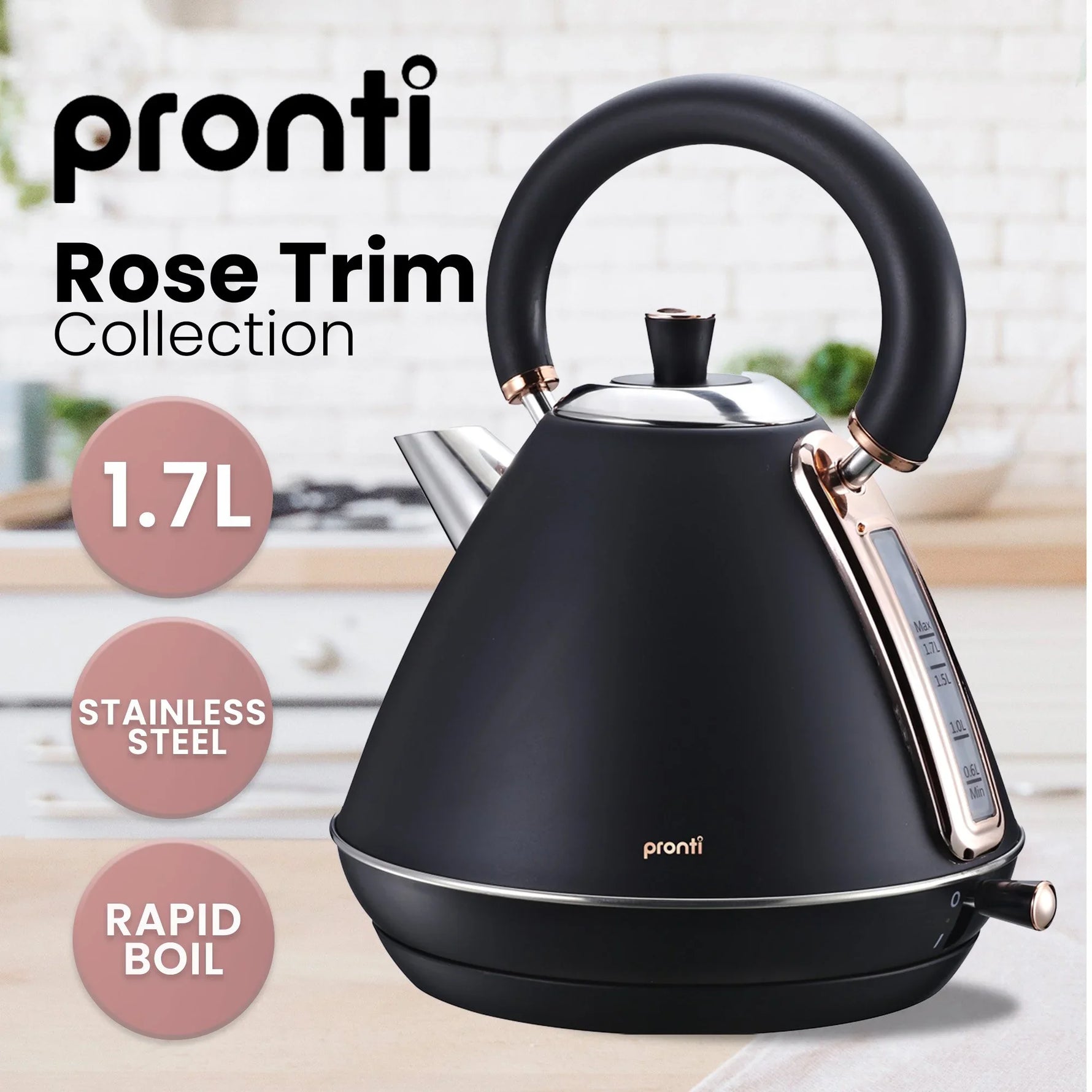 Pronti Breakfast Set - Rose Gold Kettle, Toaster & 1.2L Espresso Machine - Black