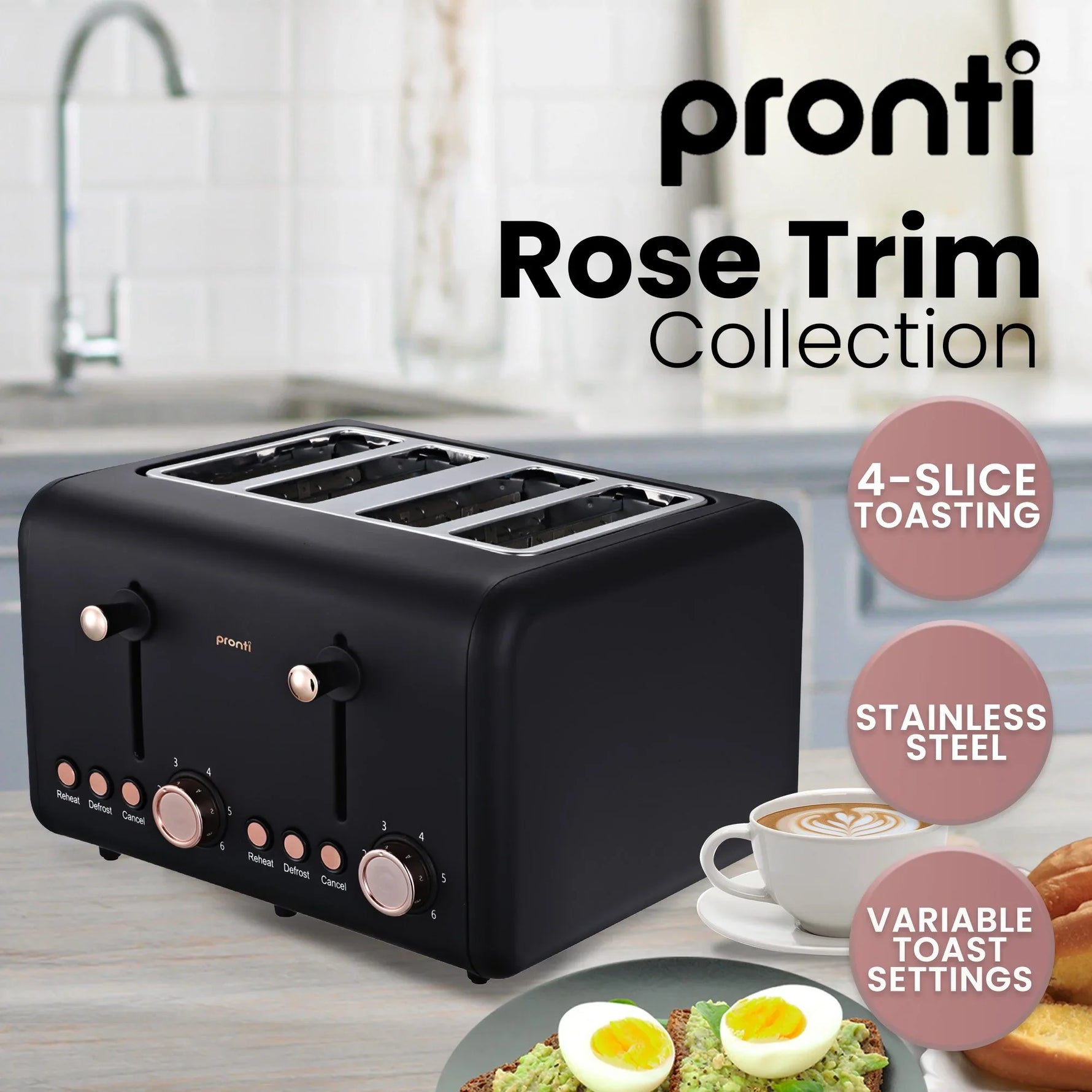 Pronti Breakfast Set - Rose Gold Kettle, Toaster & 1.2L Espresso Machine - Black