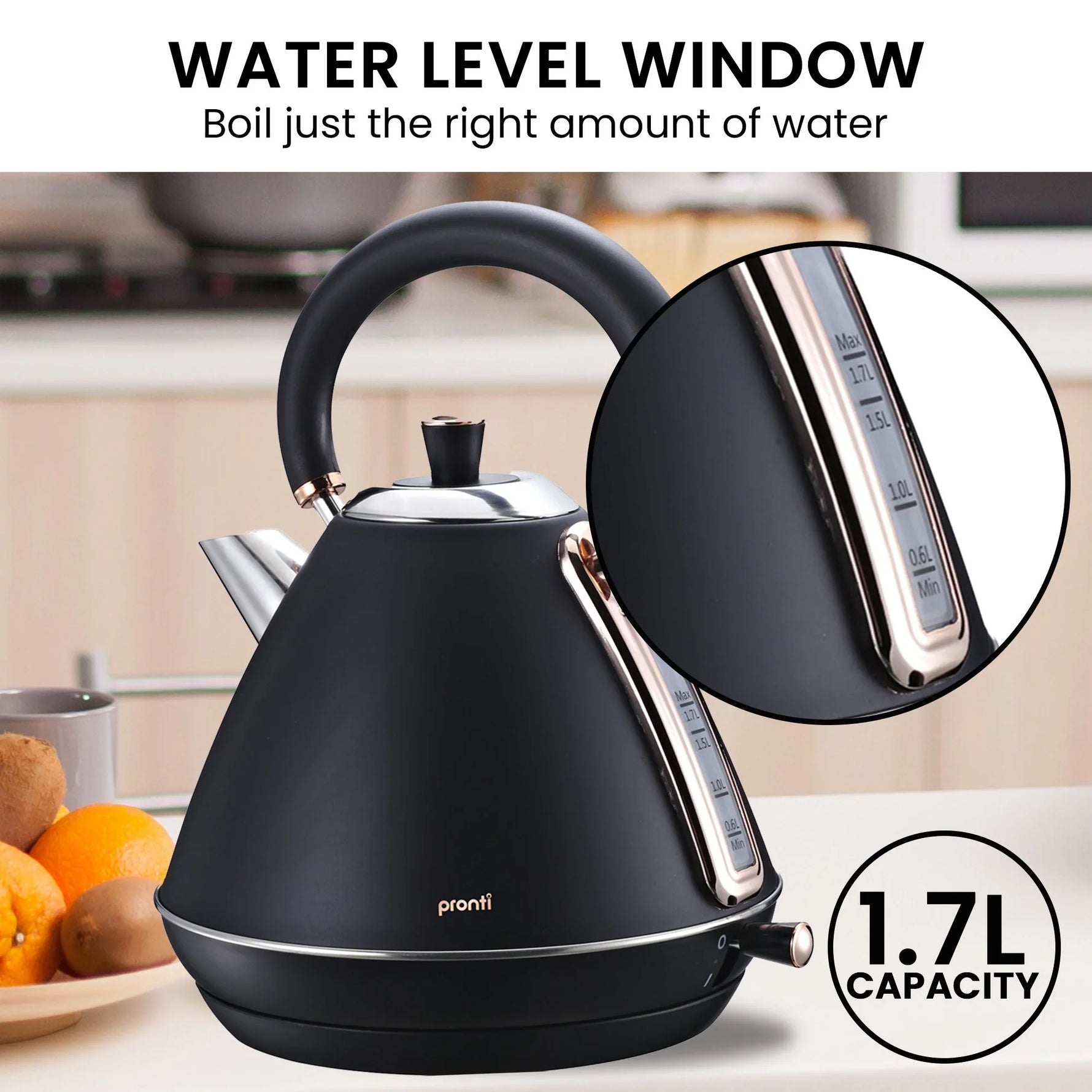 Pronti Breakfast Set - Rose Gold Kettle, Toaster & 1.2L Espresso Machine - Black