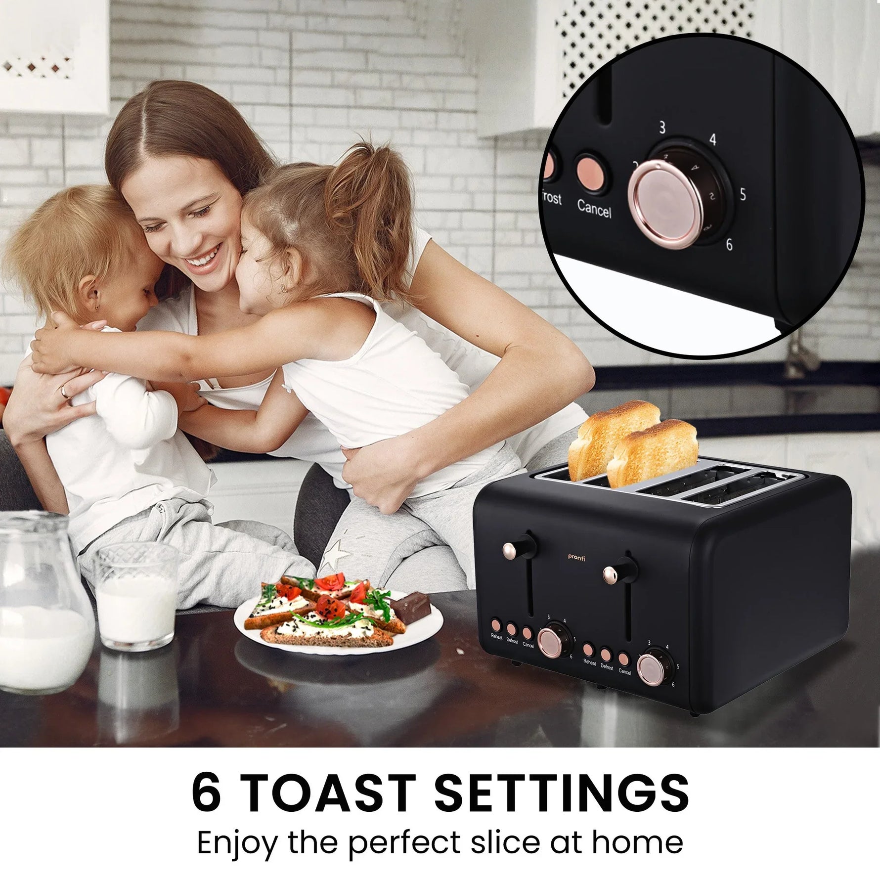 Pronti Breakfast Set - Rose Gold Kettle, Toaster & 1.2L Espresso Machine - Black