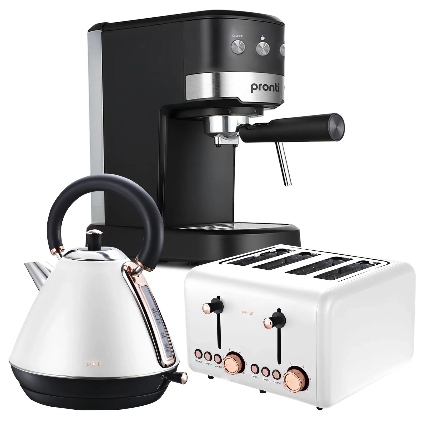 Pronti Breakfast Set - Rose Gold Kettle, Toaster & 1.2L Espresso Machine - White