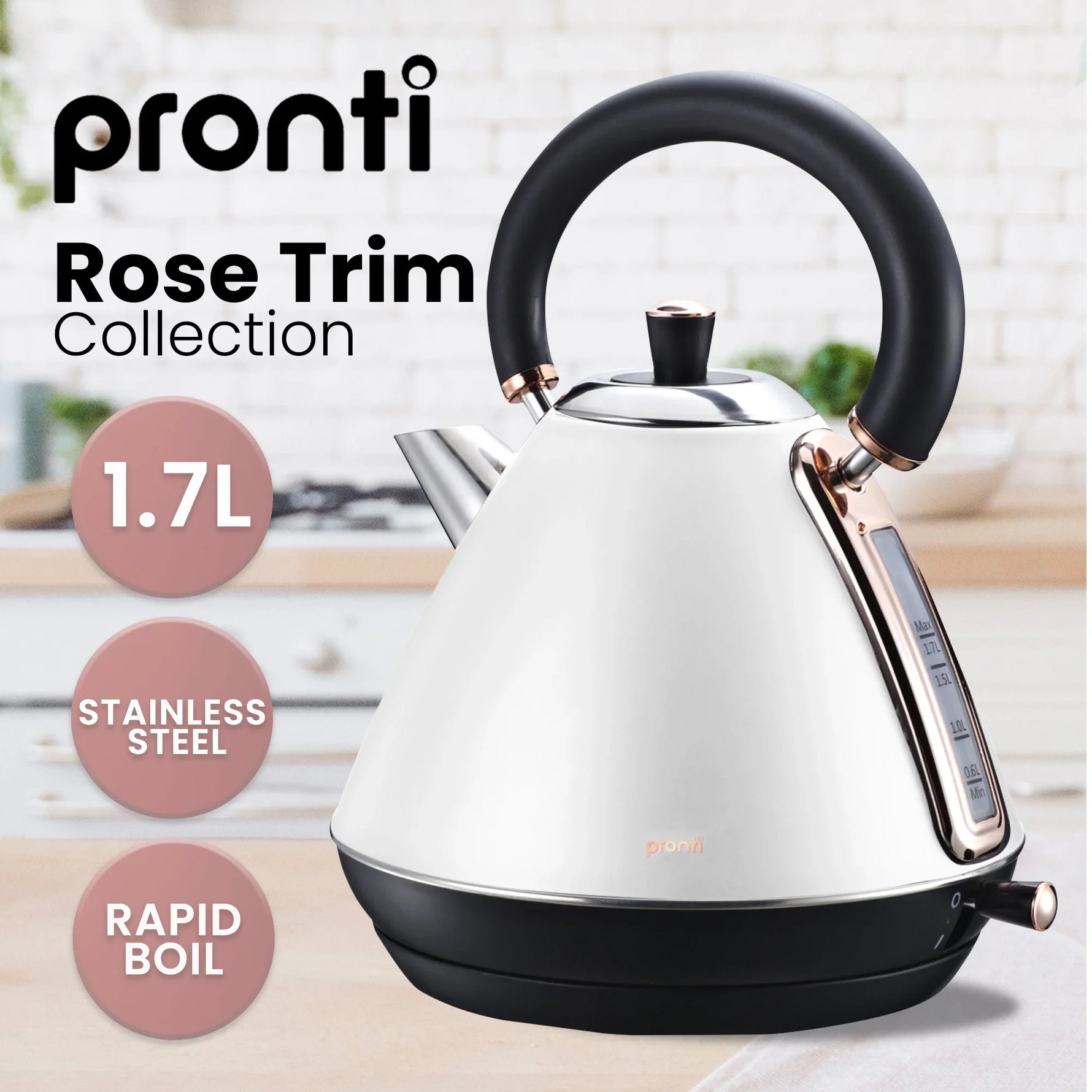 Pronti Breakfast Set - Rose Gold Kettle, Toaster & 1.2L Espresso Machine - White