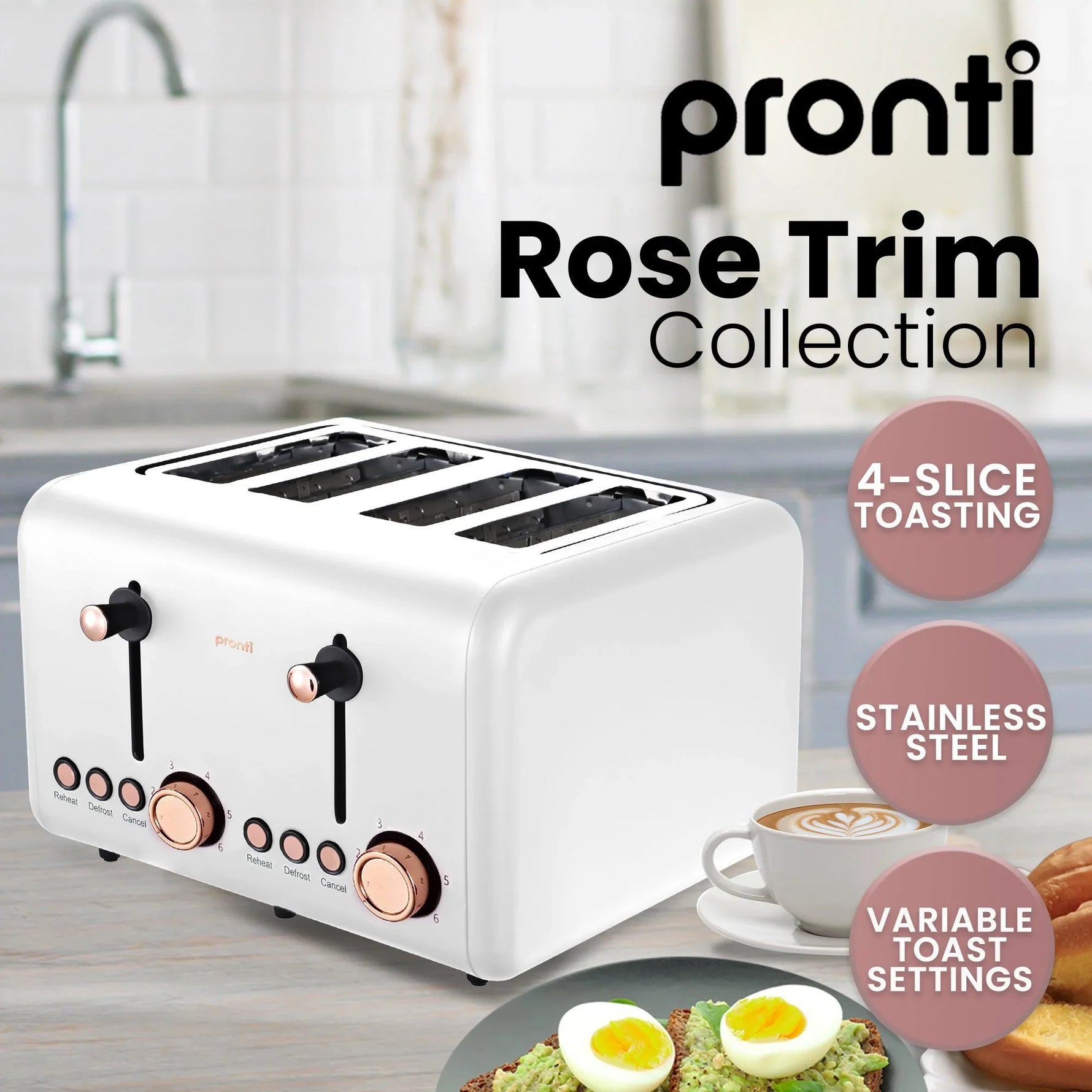 Pronti Breakfast Set - Rose Gold Kettle, Toaster & 1.2L Espresso Machine - White