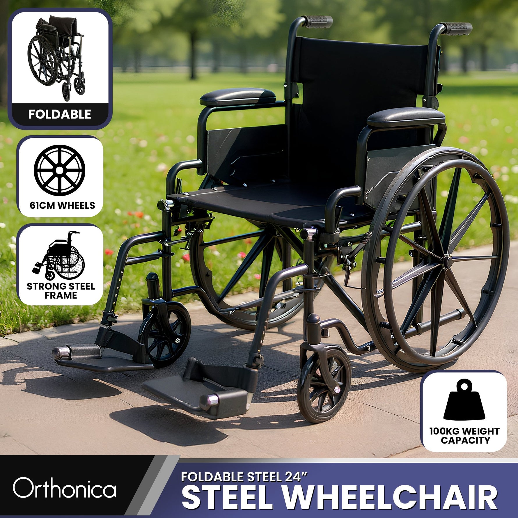 Steel Wheelchair 24 Inch Foldable