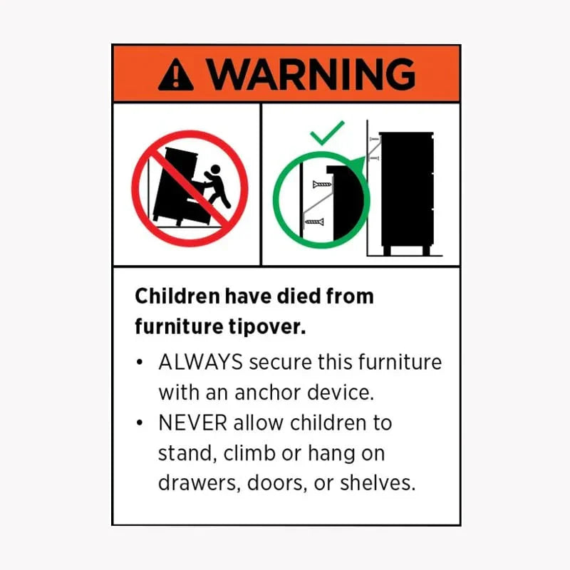 Furniture tipover warning label, anchor safety instructions, child safety alert sign.