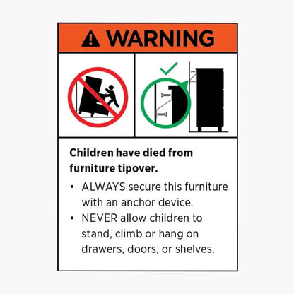 Furniture tipover warning label, anchor safety instructions, child safety alert sign.