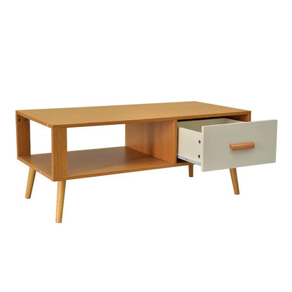 Mid-century modern wooden coffee table with open storage shelf and single white drawer