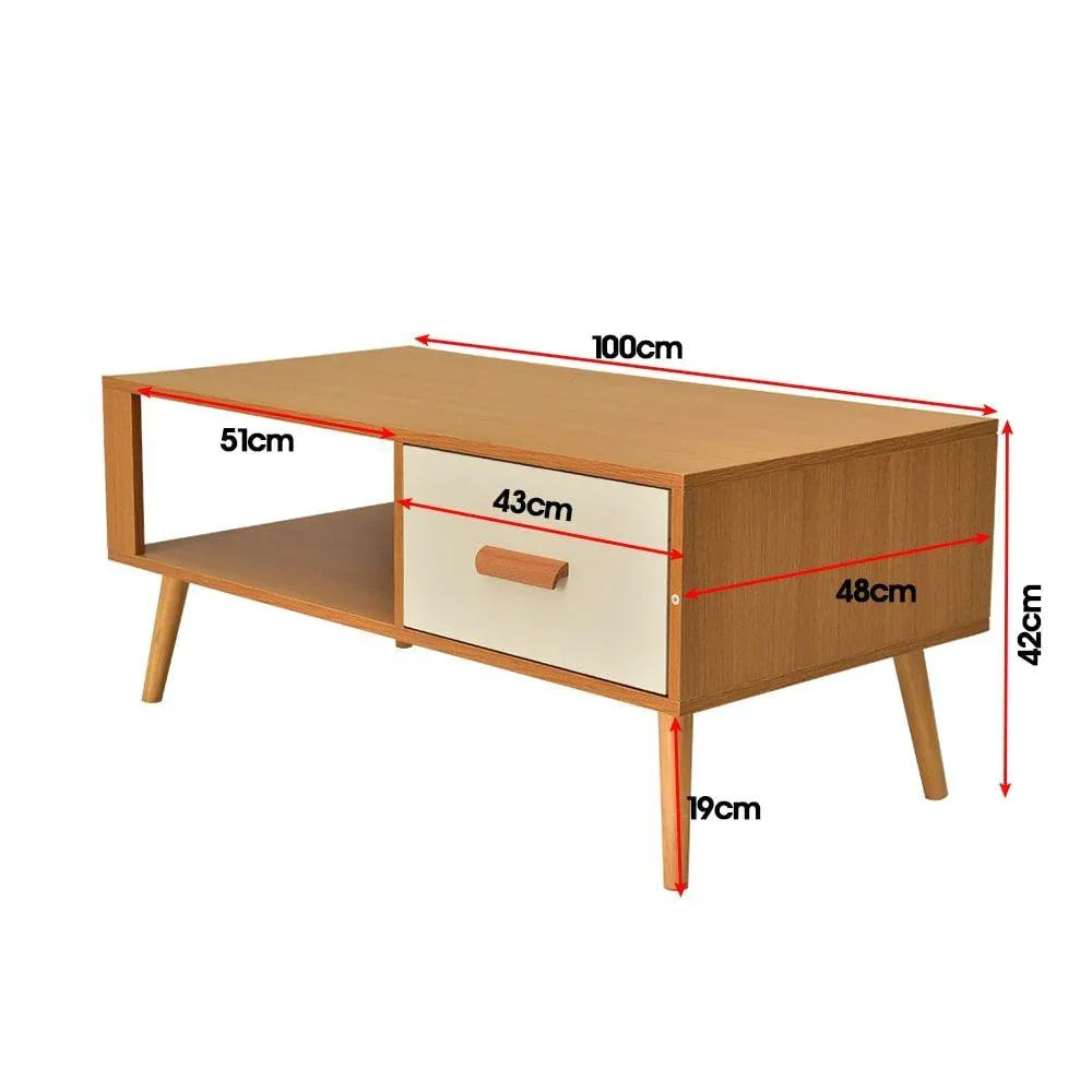 Modern wooden coffee table with drawer, open shelf, and measurements in centimeters displayed