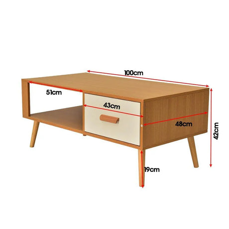 Modern wooden coffee table with drawer, open shelf, and measurements in centimeters displayed